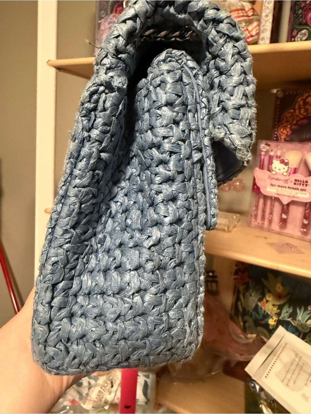 Sandro Paris Yza Raffia Shoulder Bag | Blue Woven Top Handle Purse - Picture 14 of 17
